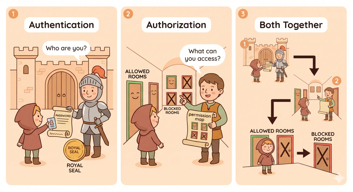 Authentication compared with authorization showing identity proof at the castle gate and permission checks inside the castle.