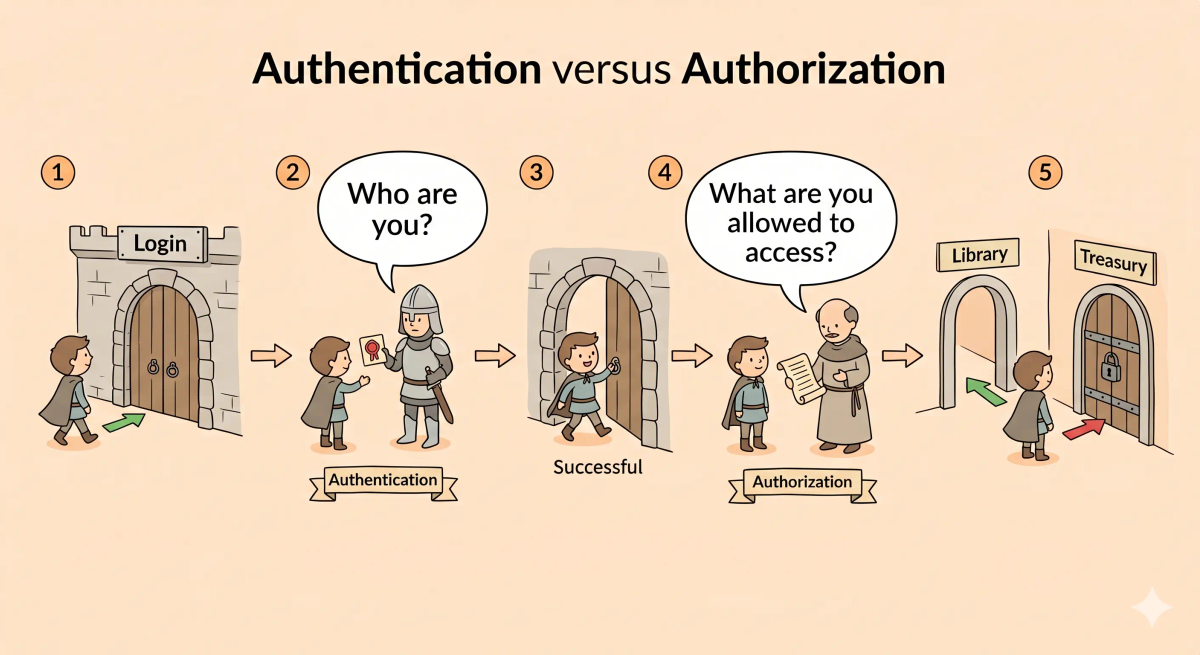 Authentication versus authorization flow showing identity checked first at login, then permissions checked before accessing protected rooms or actions.