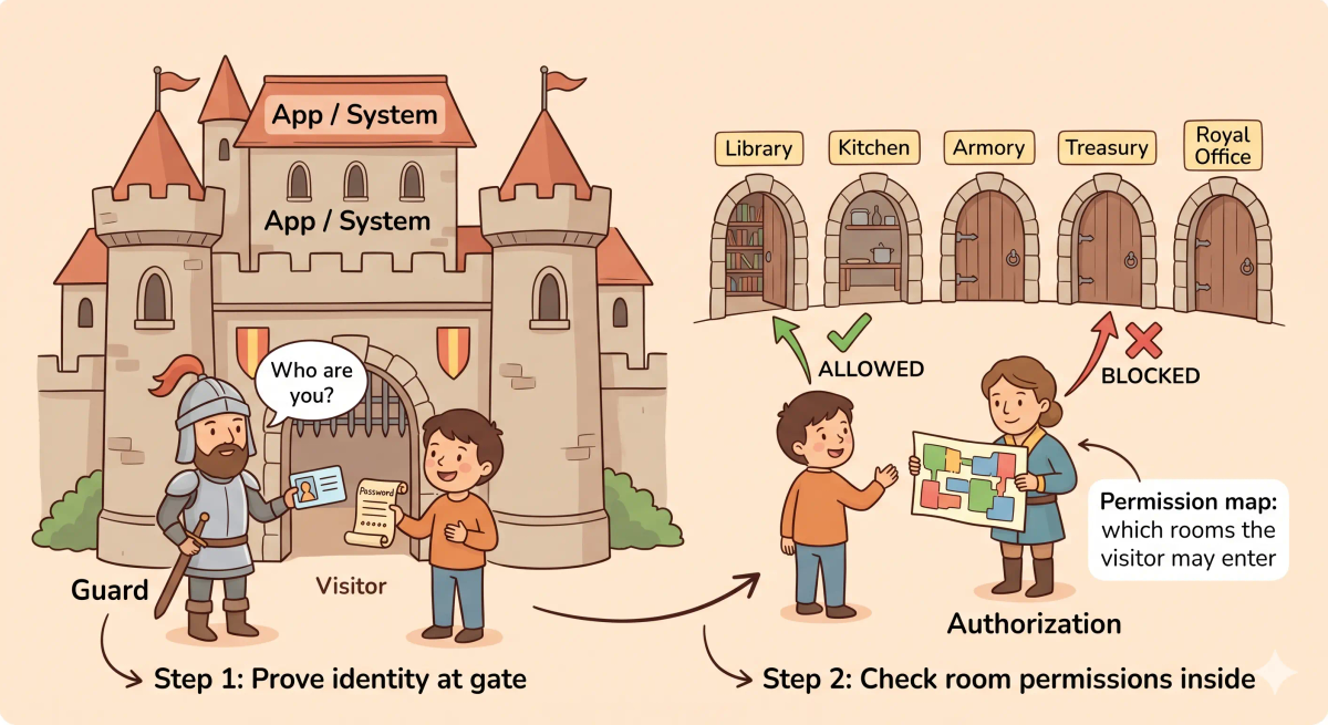 Authentication and authorization shown in a castle where a visitor proves identity at the gate and then receives permission to enter only certain rooms.
