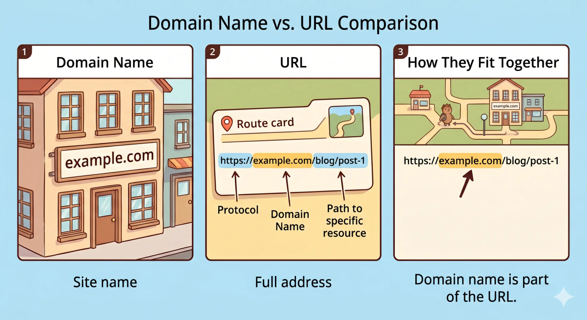 Domain name, URL, DNS, and IP address compared to show how each helps a browser find the right website page.