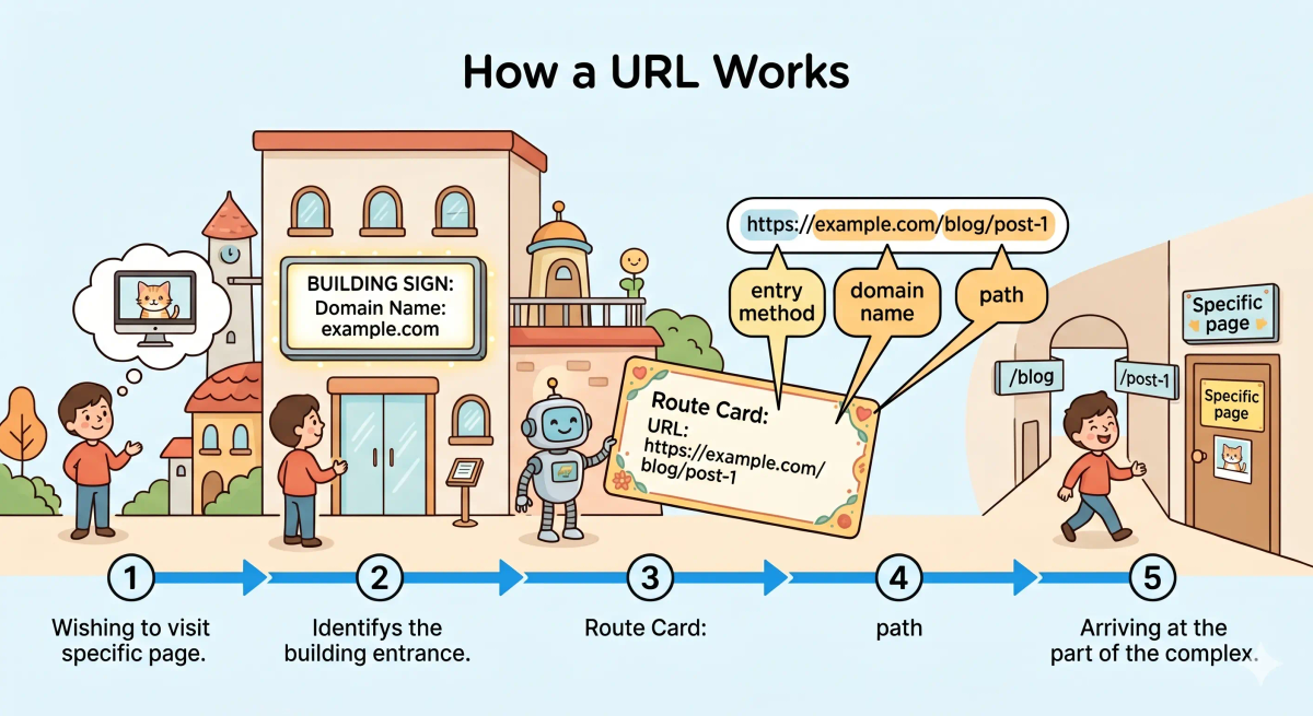 Step-by-step domain name versus URL flow showing a browser using a full URL to reach a specific page inside a website.