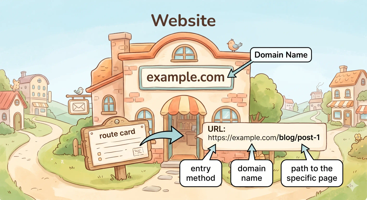 Domain name and URL compared in a city, with the domain name shown as a building name and the URL as the full route to a specific room or page.