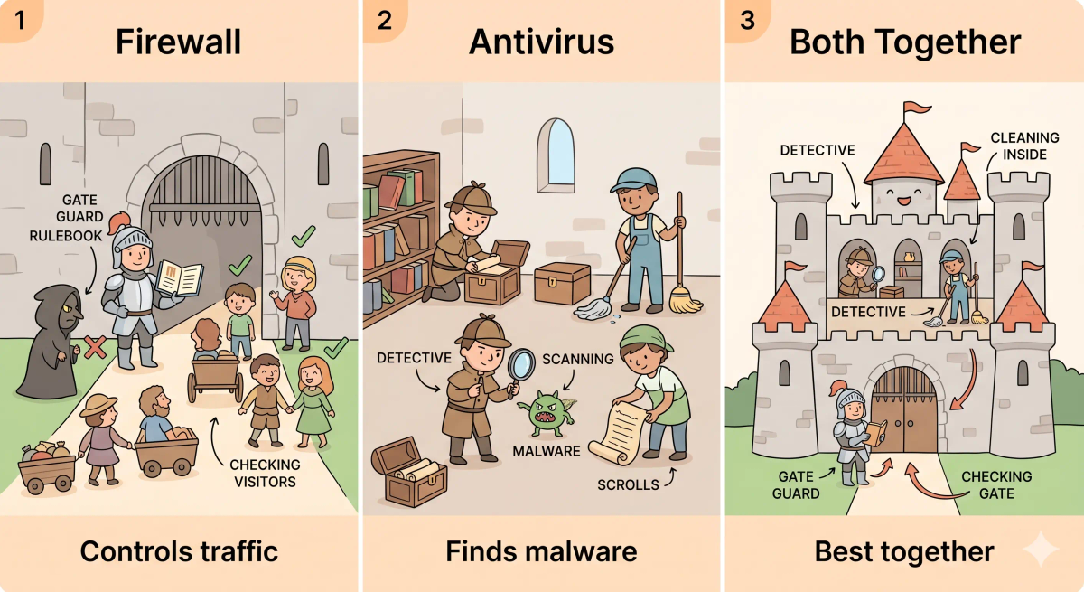 Firewall, antivirus, and layered security shown together, explaining that firewalls control traffic while antivirus detects malware.