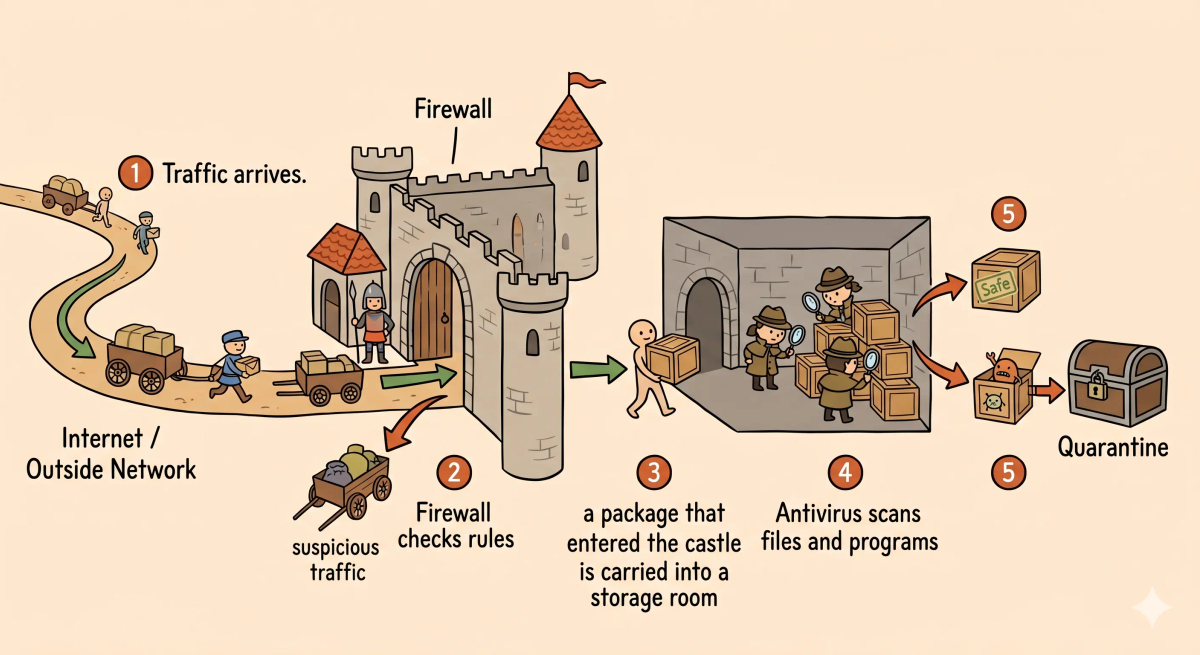Firewall versus antivirus flow showing traffic filtered at the castle gate and suspicious files scanned inside the device.