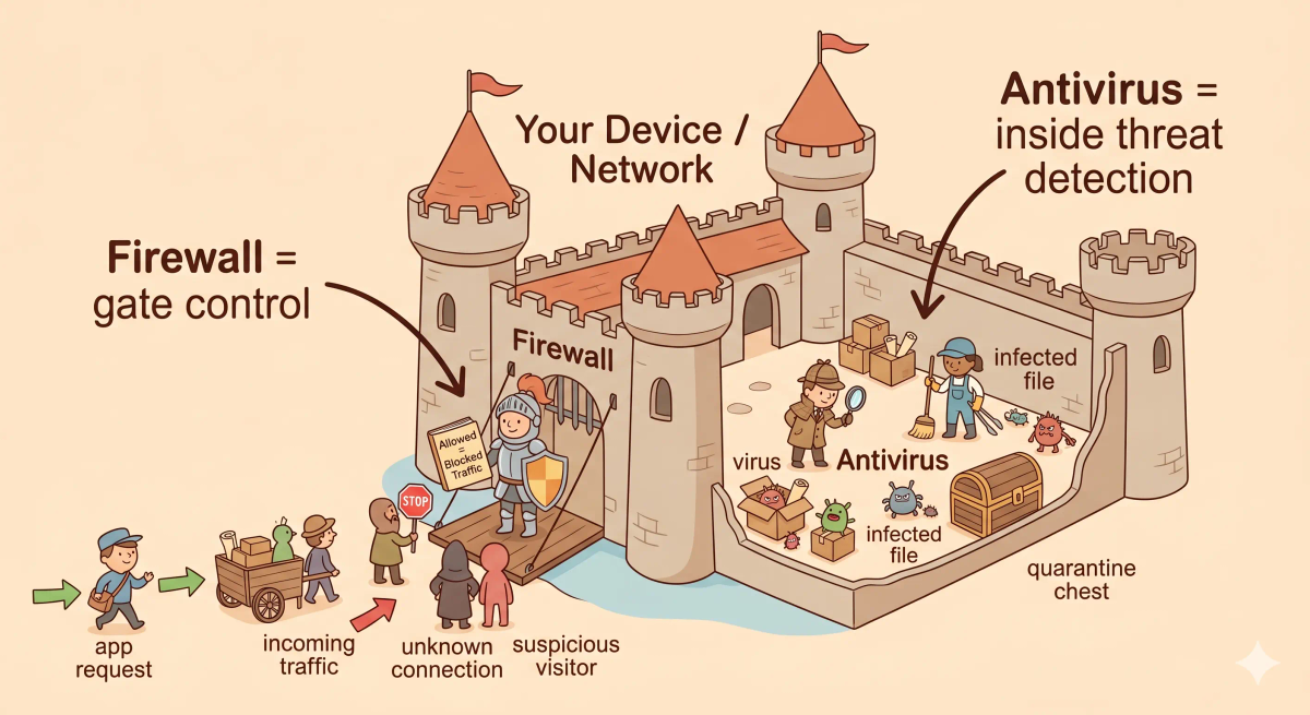 Firewall and antivirus compared in a castle, with a gate guard filtering network traffic and a detective team finding malware inside.