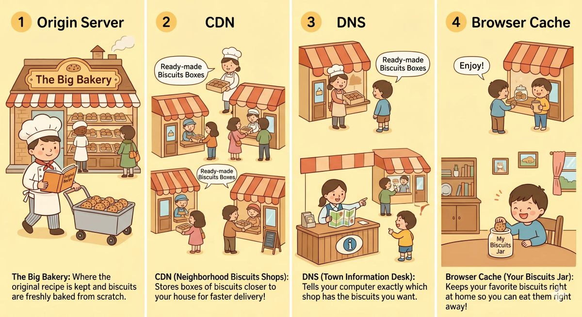A picture showing the differences between Origin Server, CDN, DNS, and Browser Cache using a storybook-style side-by-side comparison graphic. The origin server is shown as a central bakery, the CDN as neighborhood shops, DNS as a map helper, and browser cache as a cookie jar in the customer's home.
