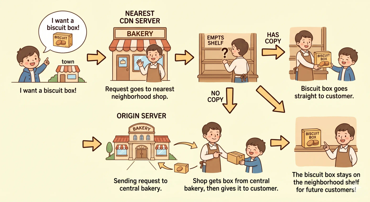A picture showing a step-by-step flow diagram of how a CDN works, with a customer requesting content from the nearest CDN server, the server checking for a cached copy, and either delivering it directly or fetching it from the origin server before delivering it to the customer.