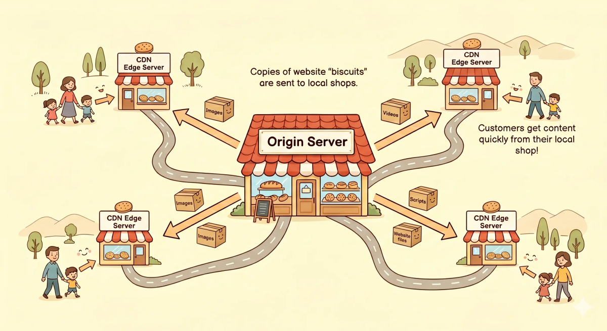 A picture showing a large central bakery labeled 'Origin Server' and several smaller neighborhood shops labeled 'CDN Edge Server' with customers walking to the nearest shop instead of the main bakery. The image illustrates how a CDN works by distributing content closer to users.