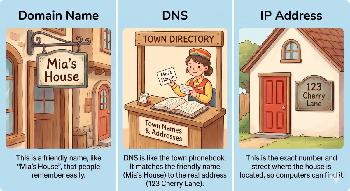 DNS compared with domain name, IP address, URL, browser, and server to show how website lookup works.