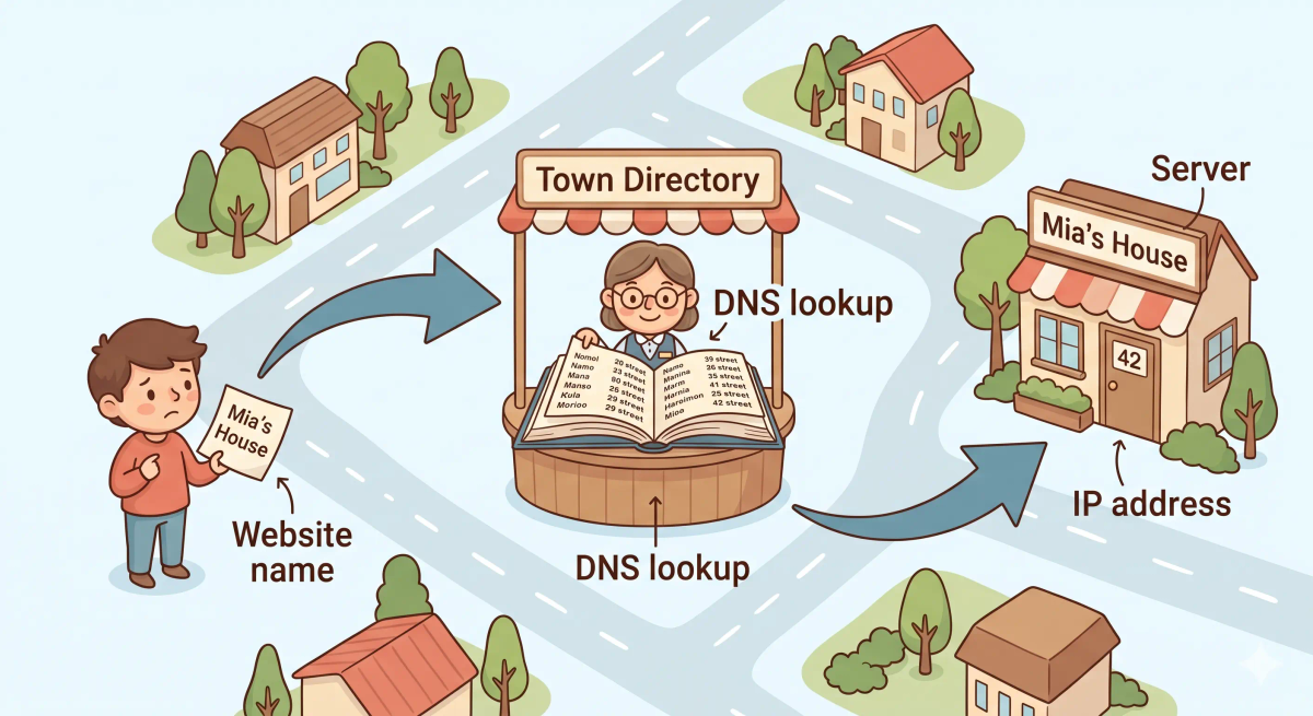 DNS lookup shown as a city information desk using a directory book to turn a website name into the correct IP address.