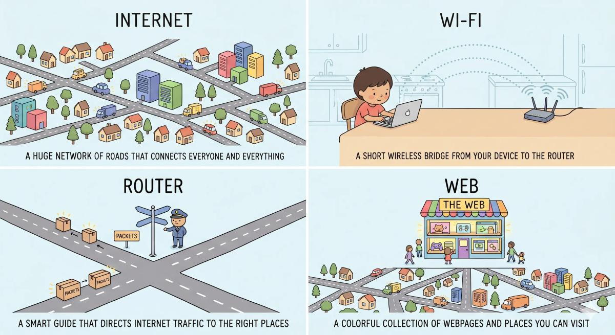 A picture showing the differences between the internet, Wi-Fi, routers, and the web using a storybook-style side-by-side comparison graphic.