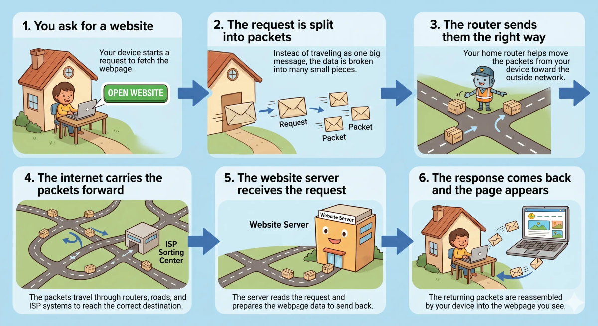 A picture showing a step-by-step flow diagram of how a request travels from a device to a server and back again as packets across the internet.