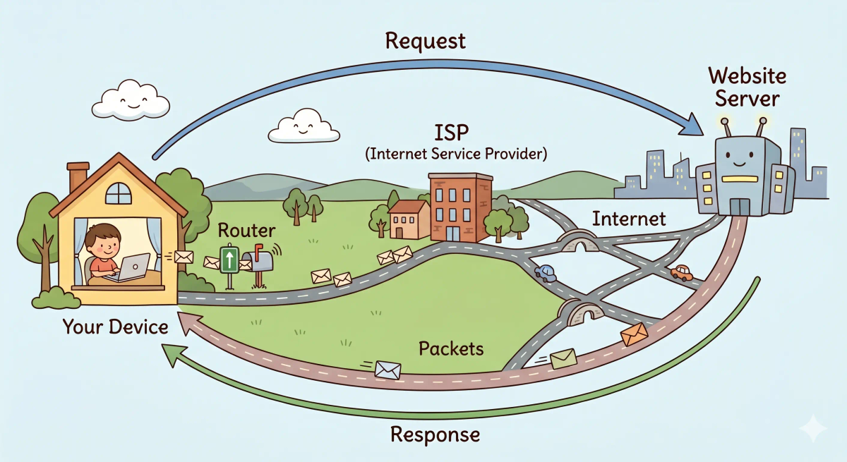 A picture showing a storybook-style illustration of a delivery road system representing how the internet works, with a child using a laptop at home, packets traveling through a router and ISP, and reaching a distant server before returning.