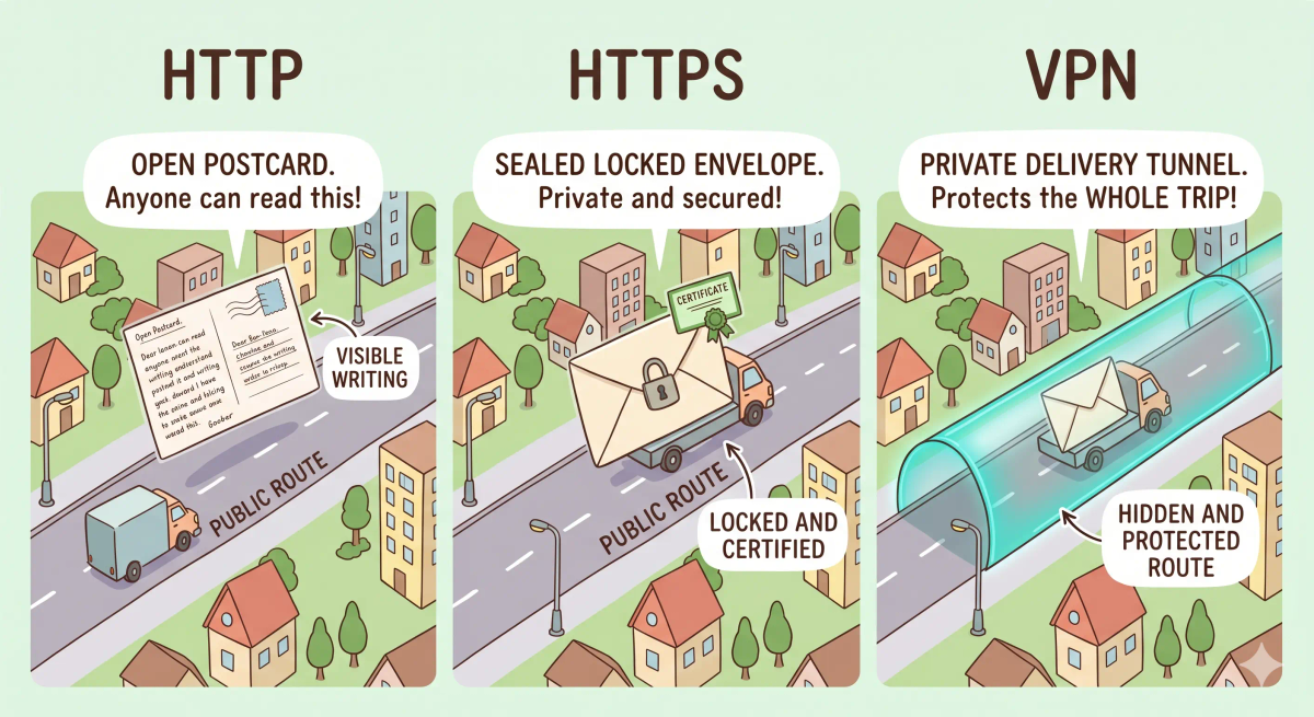 A picture showing the differences between HTTP, HTTPS, and VPN using a city mail analogy. Panel 1: 'HTTP' shows an open postcard moving across public roads with visible writing. Panel 2: 'HTTPS' shows a sealed locked envelope with a certificate badge and protected contents. Panel 3: 'VPN' shows a protected travel tunnel around the route to show that VPN is different from HTTPS.