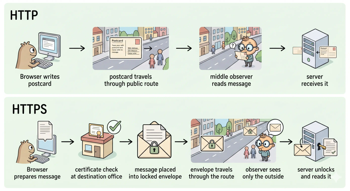 A picture showing the step-by-step flow of how HTTP and HTTPS work in the real world using a mail analogy. The top lane labeled 'HTTP' shows a browser writing a postcard, the postcard traveling through a public route, a middle observer reading the message, and the server receiving it. The bottom lane labeled 'HTTPS' shows a browser preparing a message, a certificate check at the destination office, the message being placed into a locked envelope, the envelope traveling through the route, an observer seeing only the outside, and the server unlocking and reading it. The image uses arrows, simple icons, child-friendly labels, and clear contrast between 'visible contents' and 'protected contents.'
