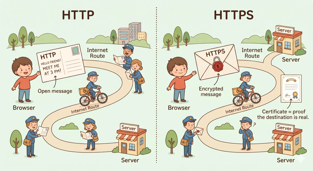 A picture showing the difference between HTTP and HTTPS using a mail analogy. On the left, a child sends an open postcard labeled 'HTTP' through a mail route, with mail workers able to read the contents. On the right, the same child sends a sealed envelope labeled 'HTTPS' with a lock icon and an official wax seal, where mail workers can carry it but cannot read the inside. The image includes labels such as 'Browser,' 'Internet Route,' 'Server,' 'Open message,' 'Encrypted message,' and 'Certificate = proof the destination is real.'