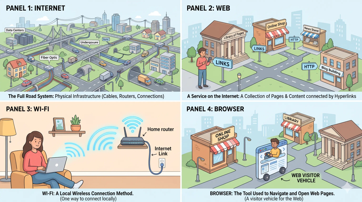 Internet, web, Wi-Fi, and browser compared to show that the web is only one service that uses the internet.