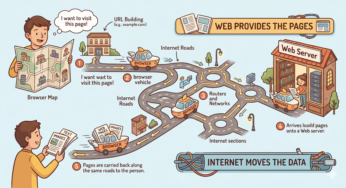 Step-by-step internet versus web flow showing a browser using the internet connection to reach a web server and load a web page.