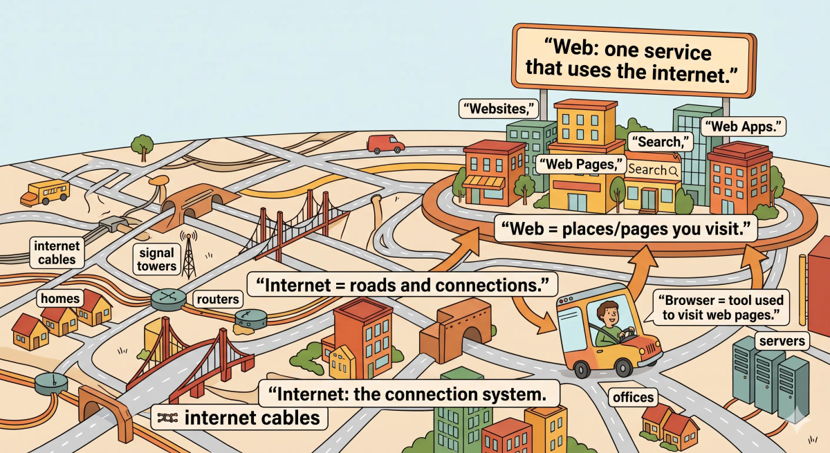 Internet and web compared in a city, with the internet shown as the road system and the web shown as shops and pages visited using those roads.