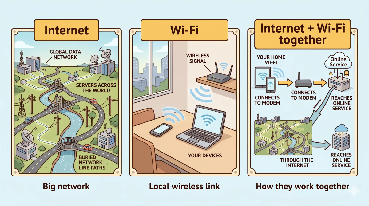 Internet, Wi-Fi, router, and modem compared to show that Wi-Fi is local while the internet is the wider global network.