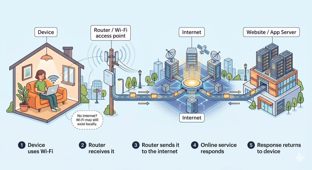 Step-by-step internet versus Wi-Fi flow showing a phone connecting by Wi-Fi to a router, then reaching the internet through a modem and ISP.