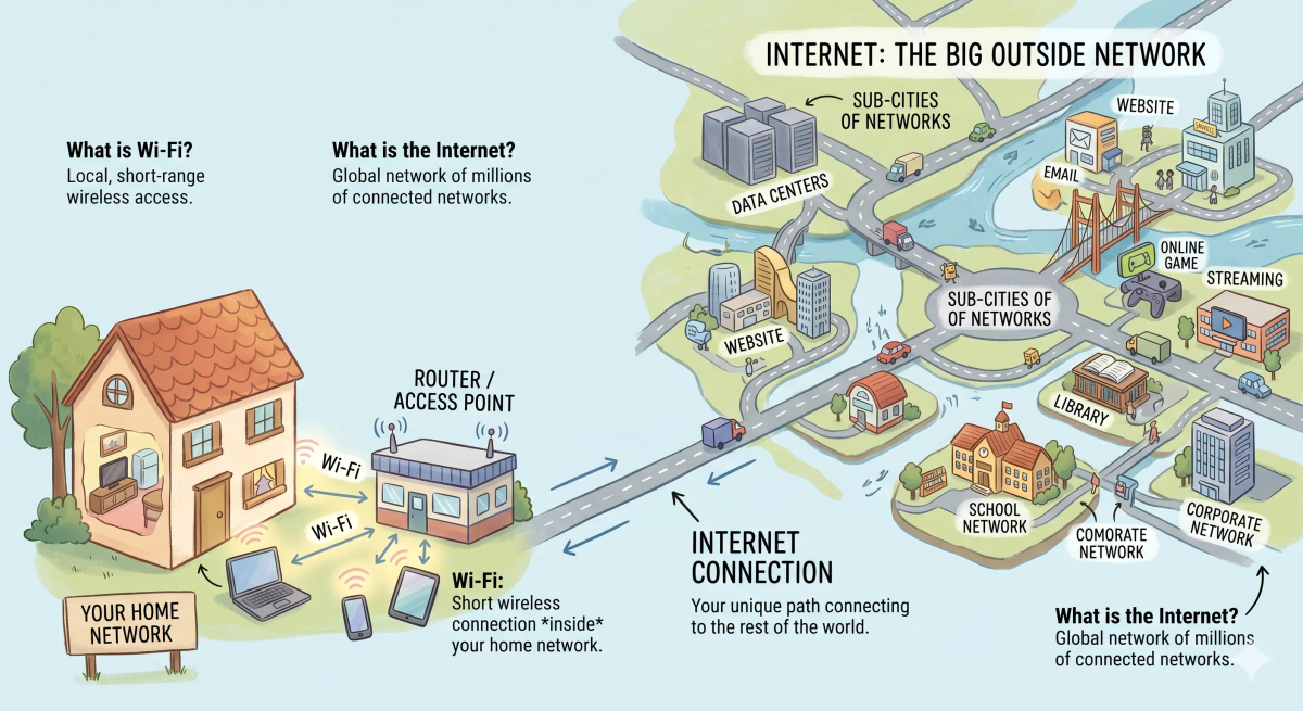 Internet and Wi-Fi compared, with the internet shown as a giant road system and Wi-Fi as a short wireless bridge from a device to a router.