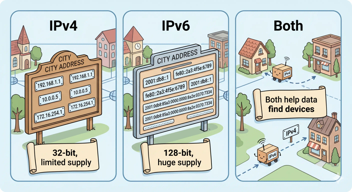 IPv4, IPv6, IP address, DNS, and internet compared to show how address systems help devices find each other online.