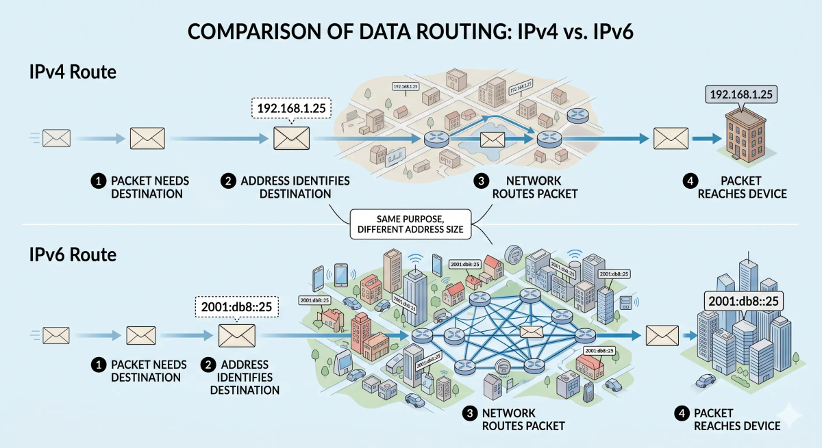 Step-by-step IPv4 versus IPv6 flow showing data packets using different address formats to find devices on the internet.