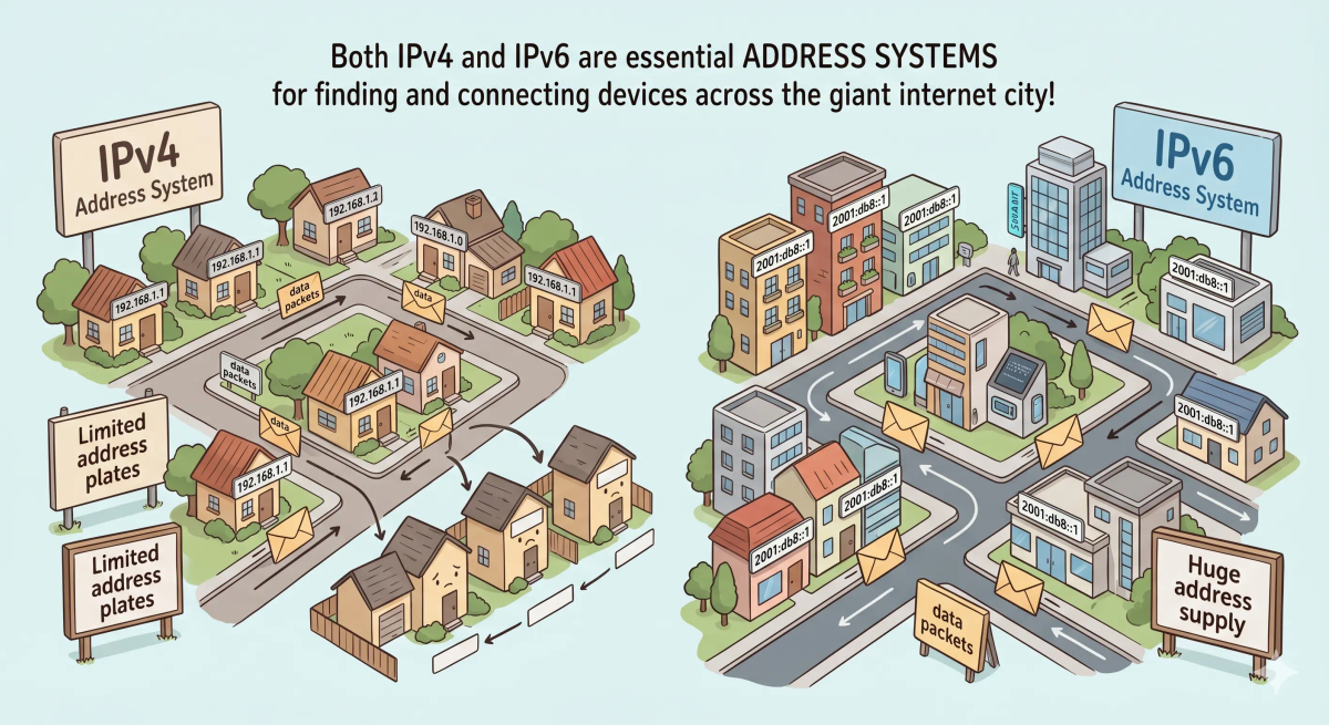 IPv4 and IPv6 compared as two city address systems, with IPv4 using shorter limited address plates and IPv6 using longer address plates with far more possible addresses.