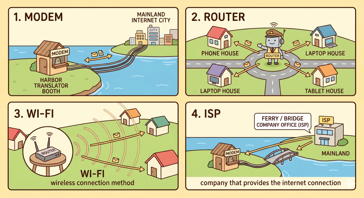 Modem, router, ISP, Wi-Fi, and internet compared to show how each part helps a home network connect online.