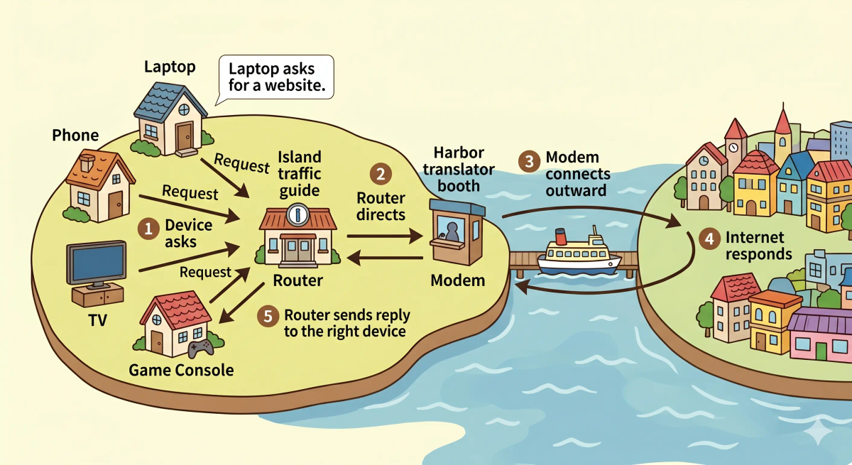 Step-by-step modem versus router flow showing internet traffic entering through the modem and being sent by the router to phones, laptops, and tablets.