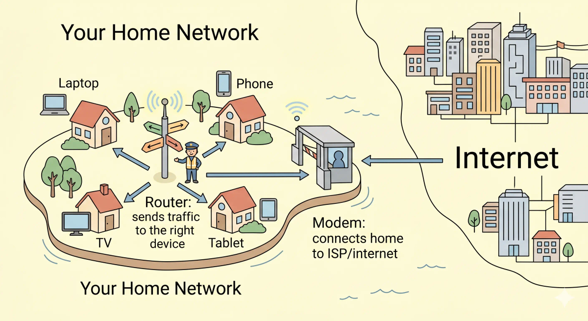 Modem and router compared in a home island network, with the modem connecting to the internet provider and the router directing traffic to devices.