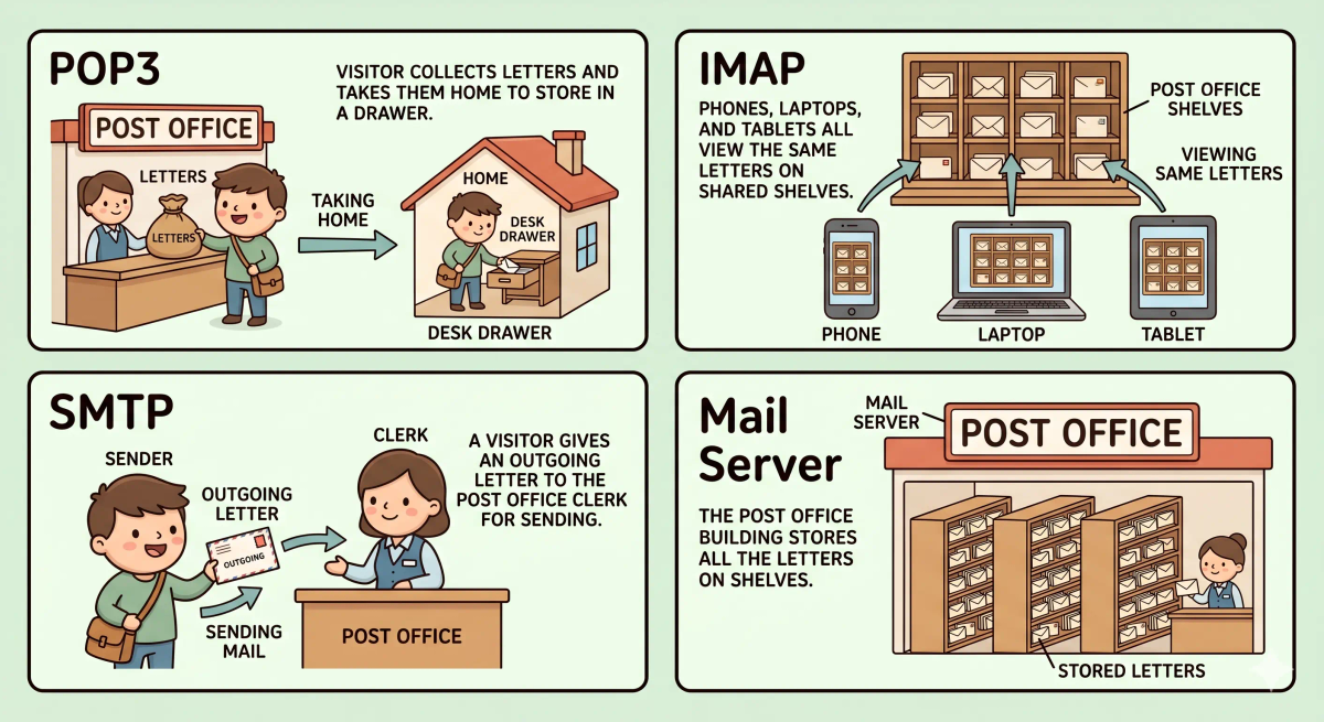 POP3, IMAP, SMTP, and mail server compared in a postal system to show how each email protocol has a different job.