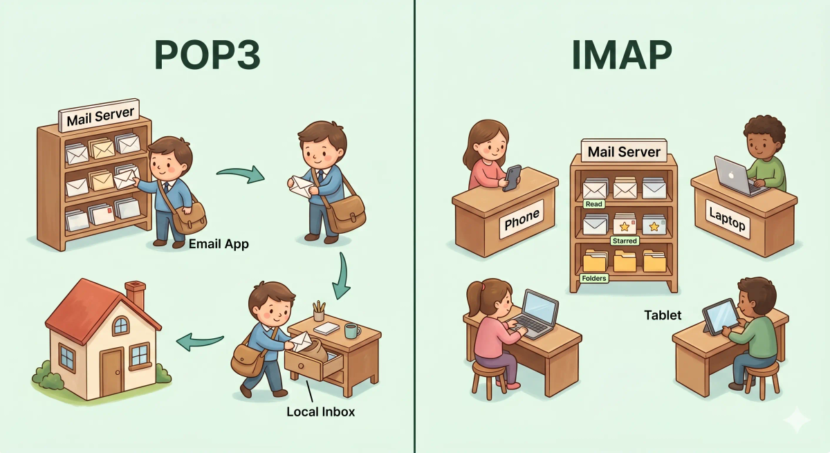 POP3 and IMAP compared in a post office, with POP3 carrying letters home and IMAP leaving letters on shared shelves for many devices.
