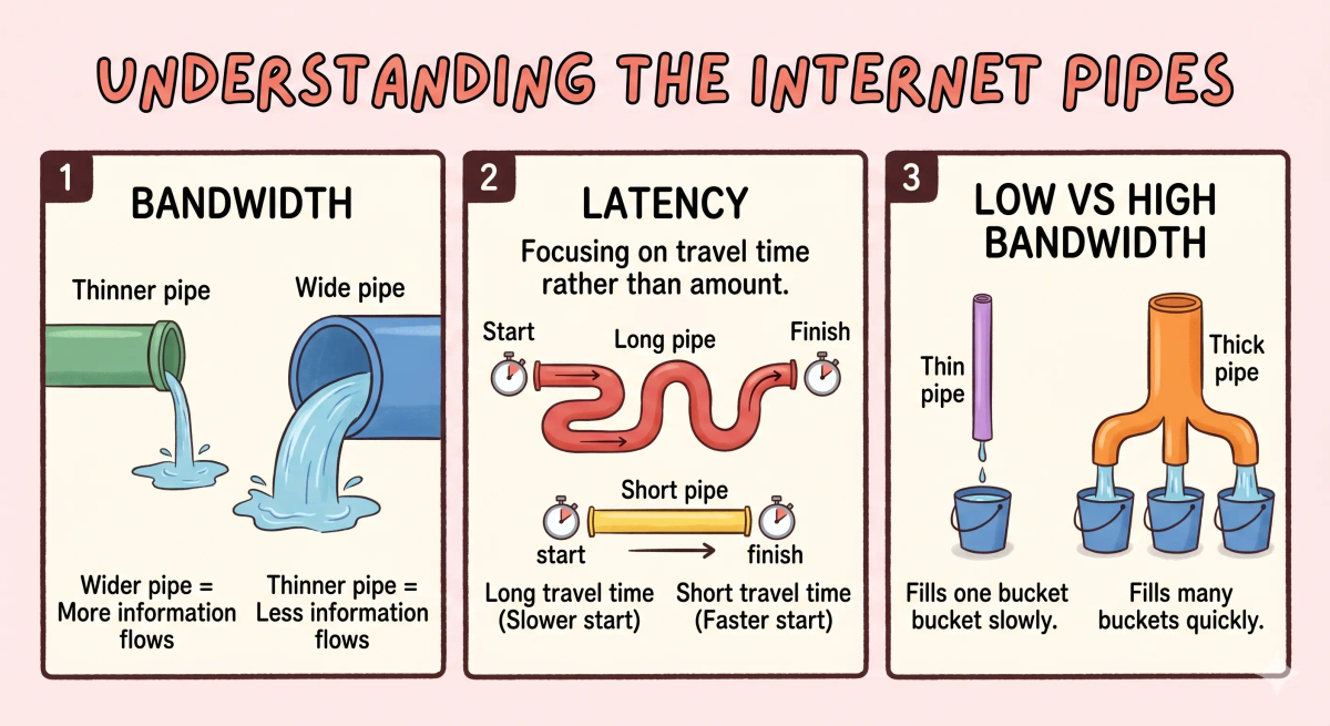 Bandwidth compared with latency, ping, and jitter to show the difference between capacity, delay, response time, and uneven timing.
