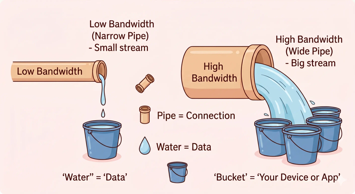 Bandwidth shown as a wide water pipe carrying more data at once, explaining network capacity.