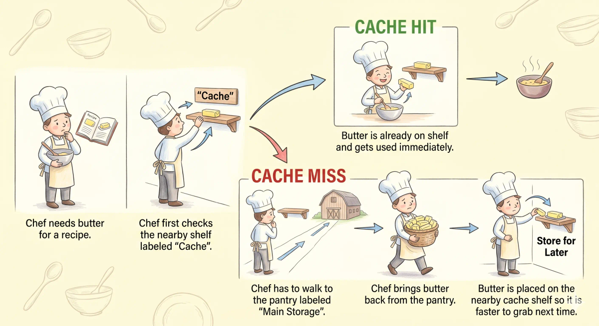 Step-by-step cache flow showing a request checking nearby saved data first before asking the main server.