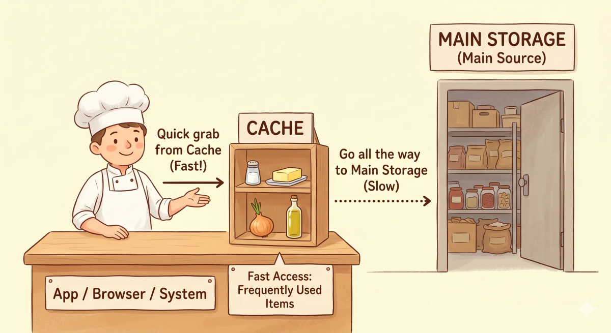 Cache shown as a small ingredient shelf near a busy chef, explaining how frequently used data is kept close for faster access.