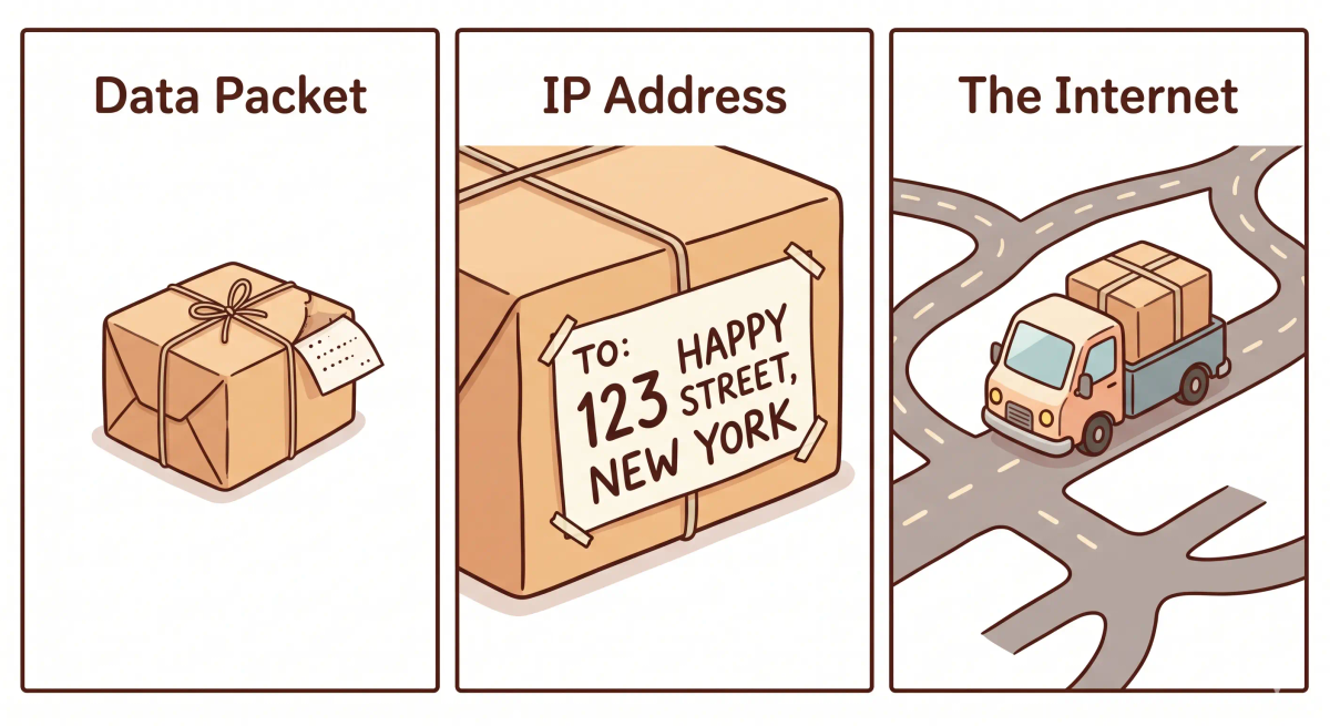 A picture showing the differences between a data packet, IP address, and Internet using a simple visual comparison with parcels, labels, and roads.