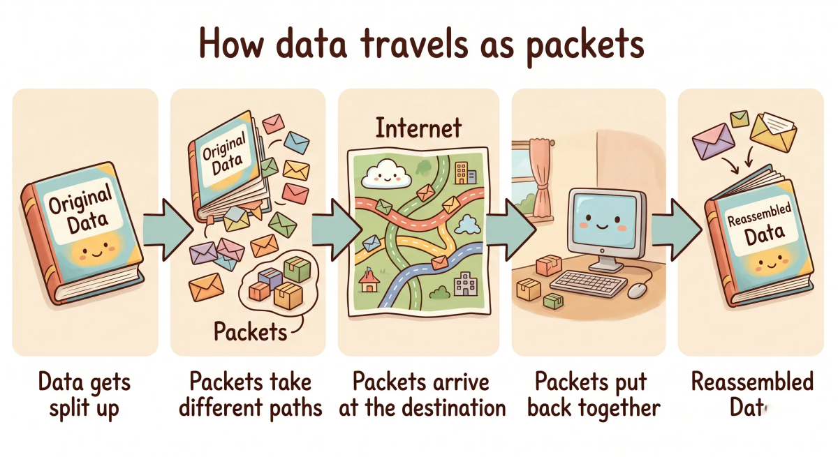 A picture showing the step-by-step flow of how data is broken into packets, sent across the Internet, and reassembled at the destination.