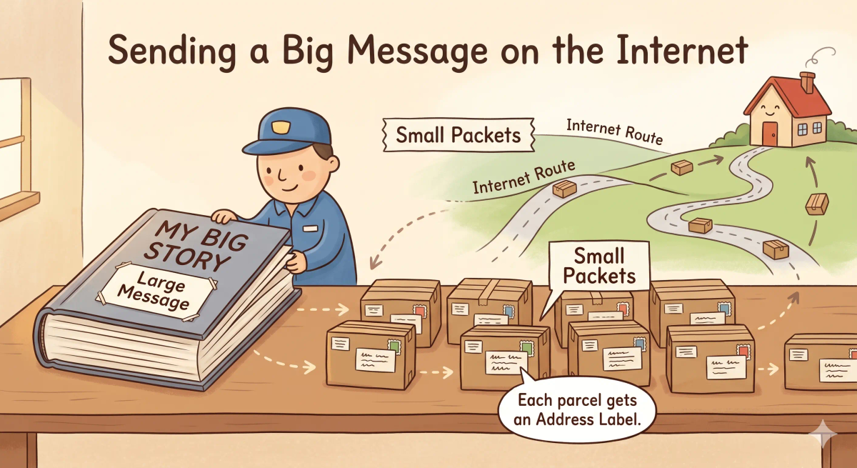 A picture showing a large book being split into smaller parcels, each labeled with an address, and a road network in the background representing the Internet.