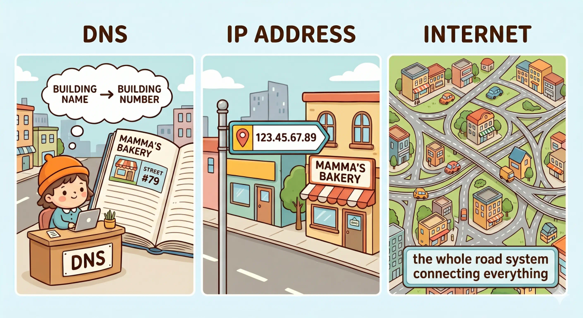A picture showing the difference between DNS (the information desk), IP address (the street sign), browser (the visitor's tool), and the internet (the road system), illustrating how these components work together but have different roles.