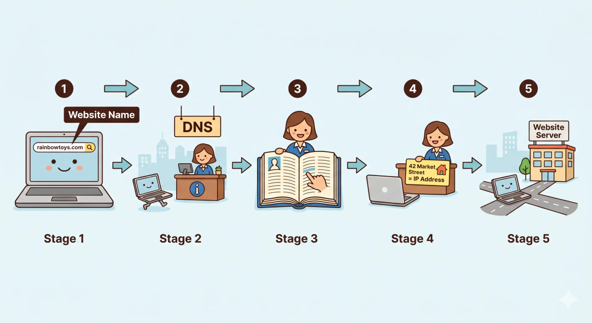 A picture showing the step-by-step flow of how a device asks DNS for the IP address of a website name, illustrating the process of name-to-address lookup.