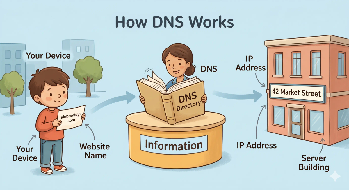 A picture showing a child visitor asking a city information desk for the address of a shop called Rainbow Toys, illustrating how DNS works as a name-to-address lookup system.