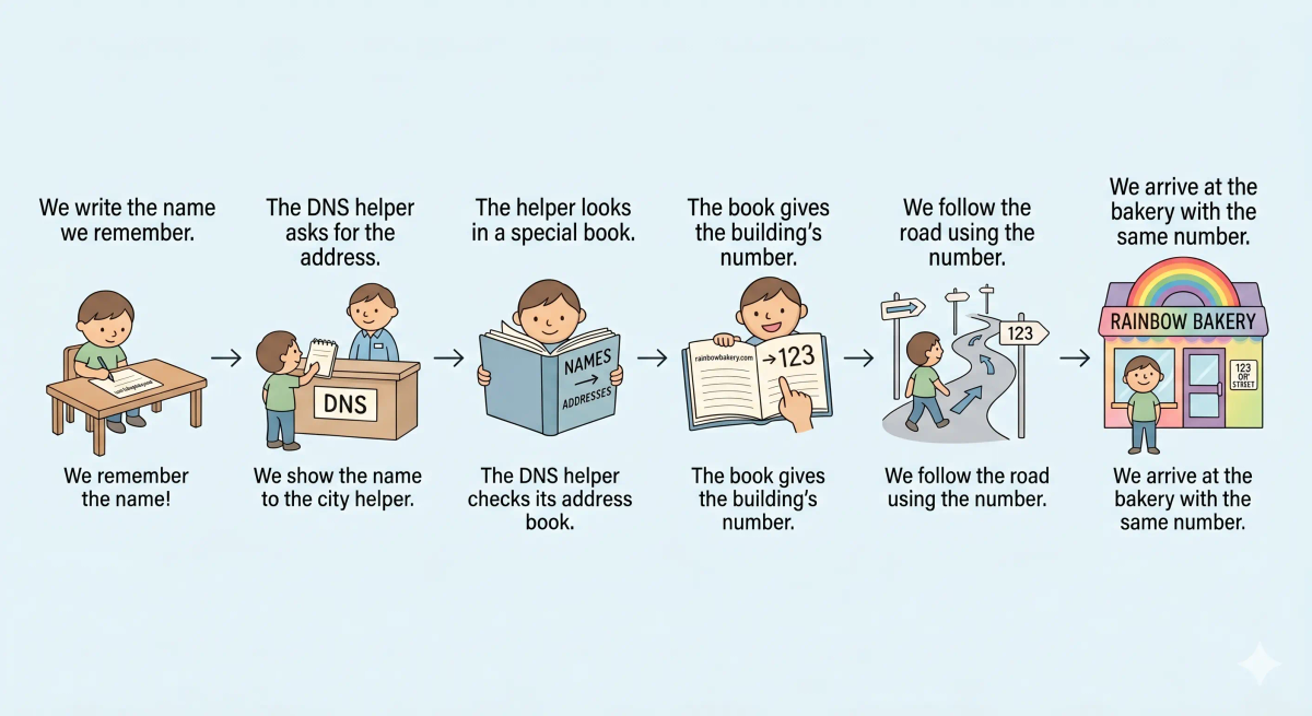 Step-by-step domain name flow showing a browser using DNS to turn a website name into an IP address and reach the right server.