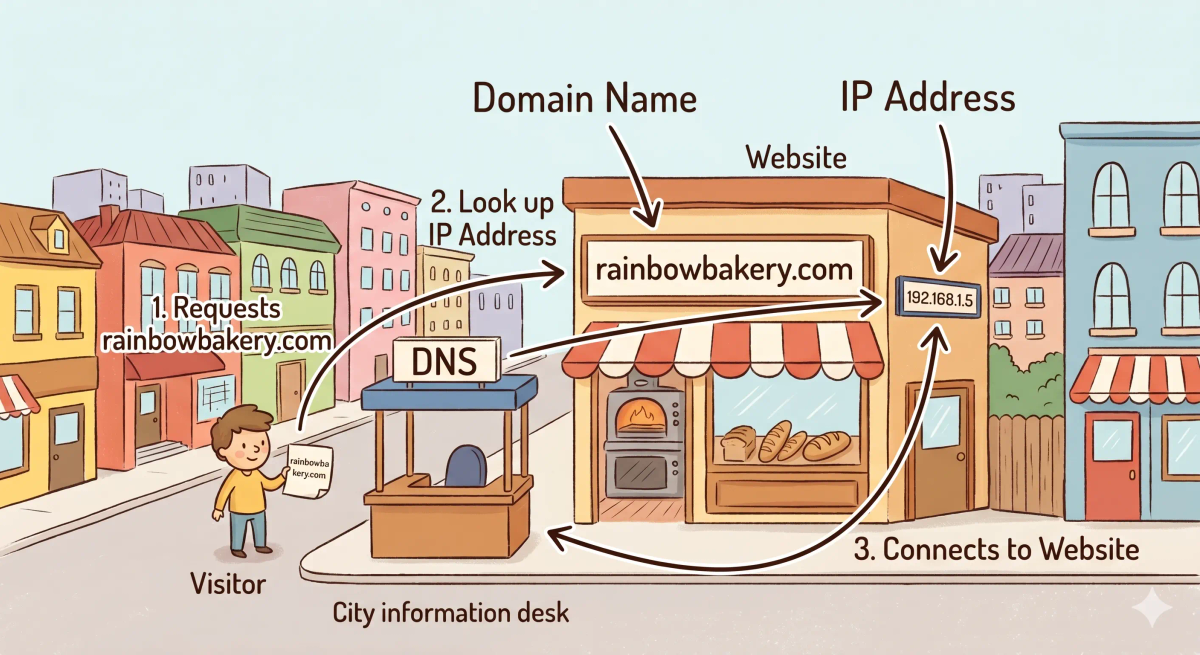 Domain name shown as the easy shop name on a building in a giant city, while the real IP address works behind the scenes.
