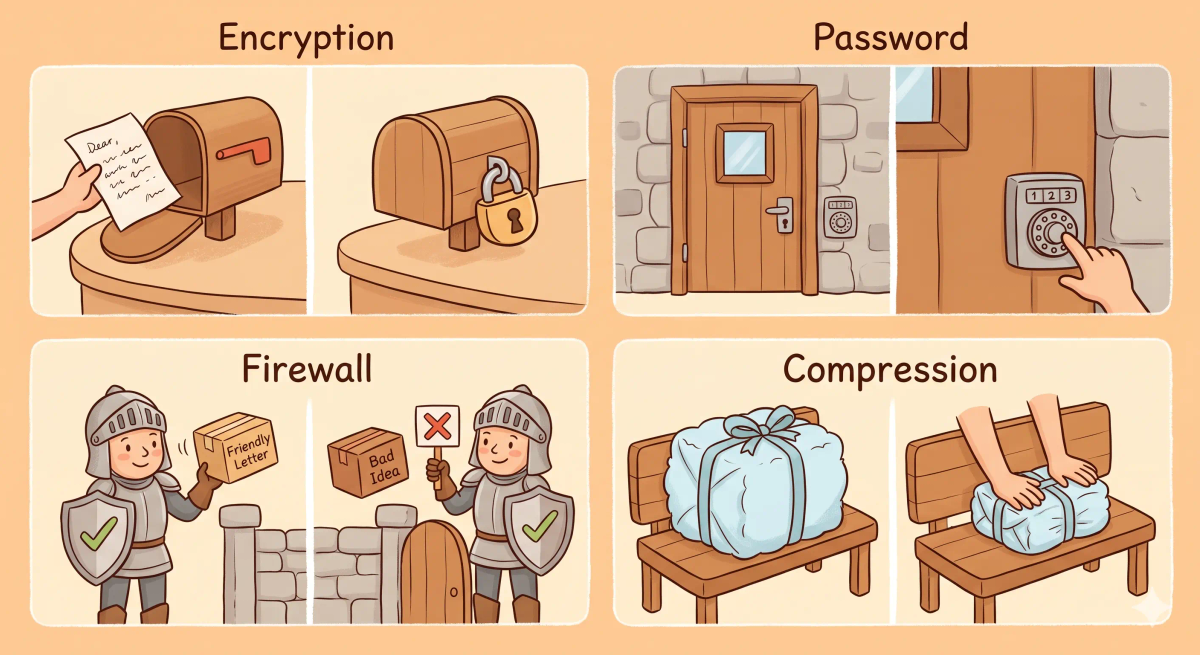 Encryption compared with passwords, firewalls, and compression to show how encryption protects the message itself.