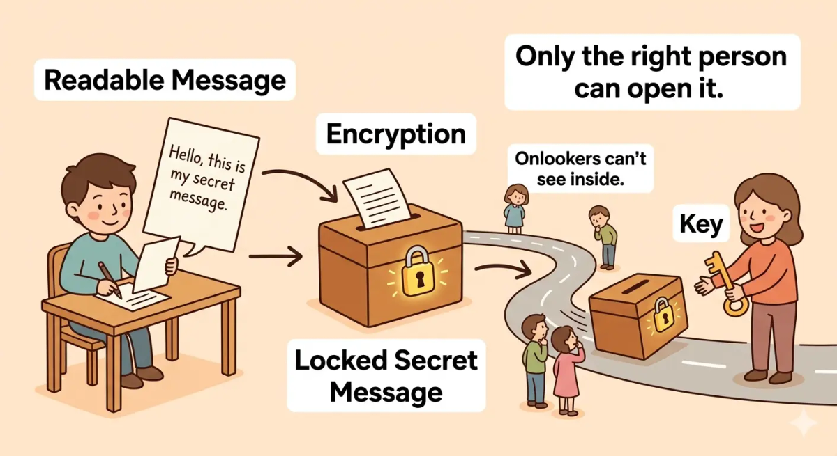 Encryption shown as a secret letter locked inside a box so only someone with the right key can read it.