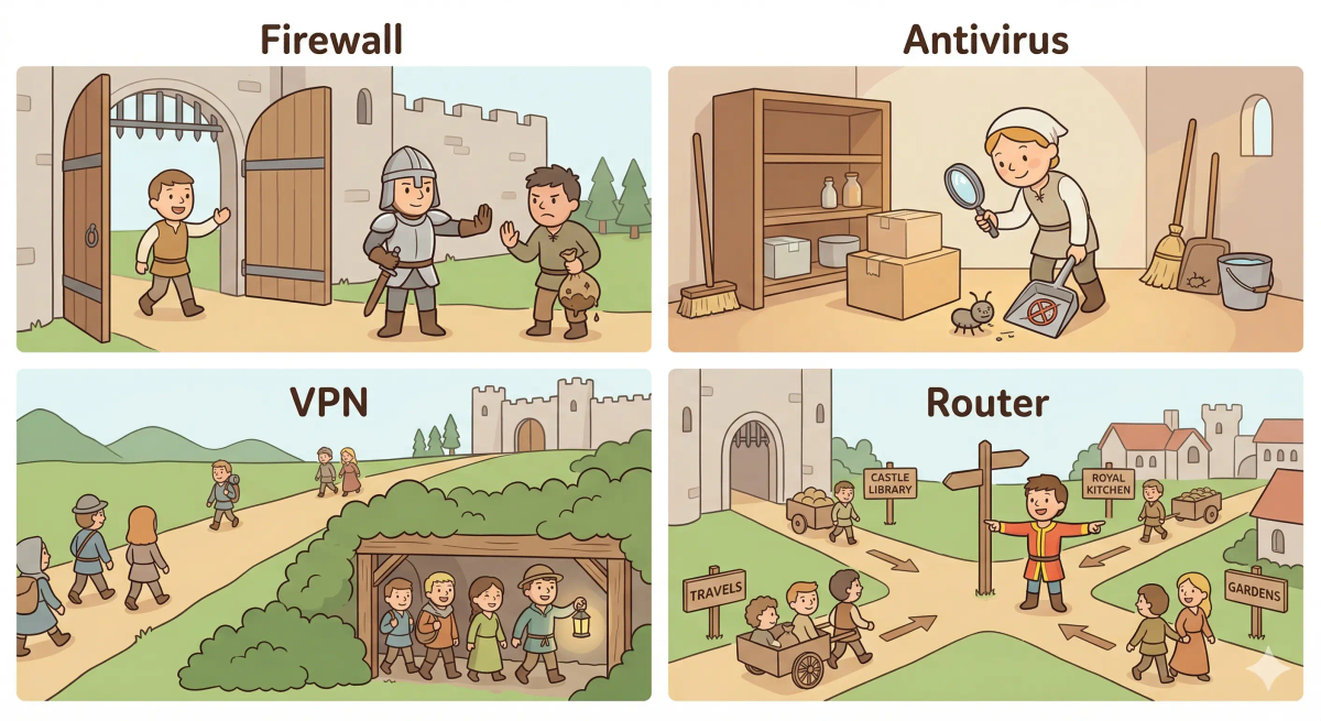 A picture showing the differences between a firewall, antivirus, VPN, and router using a castle analogy.