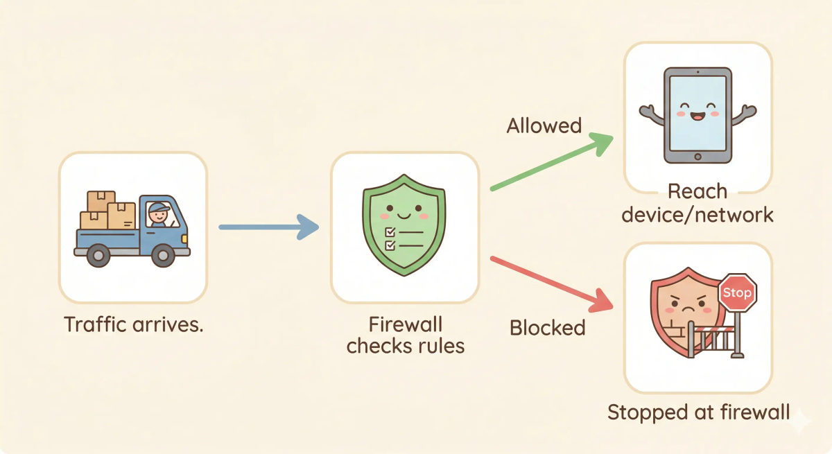 A picture showing the step-by-step flow of how a firewall checks traffic and decides to allow or block it.